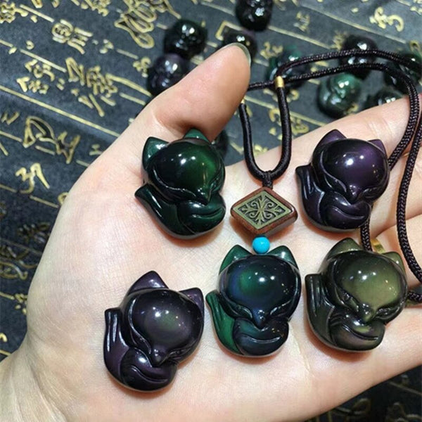1pcs Natural Stones And Crystals Carving Rainbow Obsidian Fox Figurine Reiki Gifts For Pendant Necklace