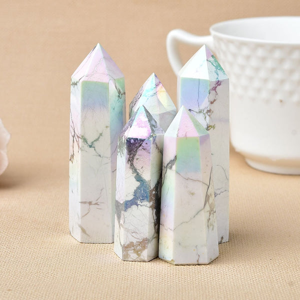 Natural Aura Howlite Crystal Point Electroplating Wand Healing Stone Energy White Quartz Home Decoration Reiki Tower Gifts
