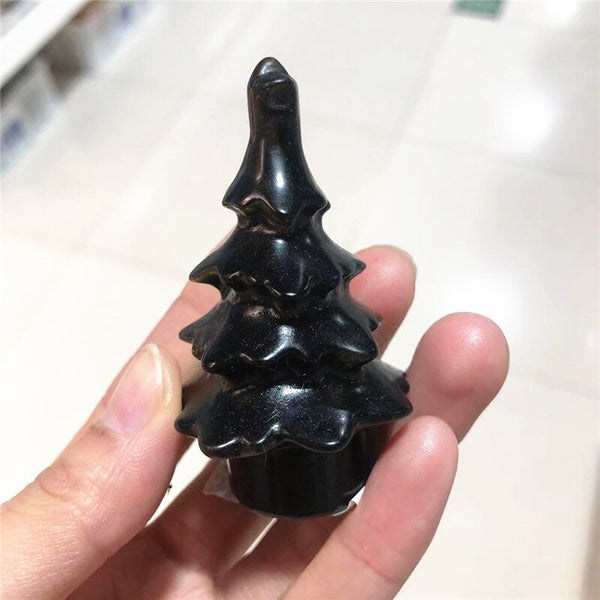 Healing Natural Crystal Gold Obsidian Christmas Trees For Home Office Table Decoration Hand Carved Reiki Gem Stone Statue Jewelr