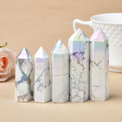Natural Aura Howlite Crystal Point Electroplating Wand Healing Stone Energy White Quartz Home Decoration Reiki Tower Gifts