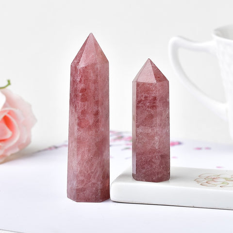 Natural Crystal Point Strawberry Crystal Healing Stone Obelisk Quartz Wand Tower Ornament for Home Decor Energy Stone Pyramid