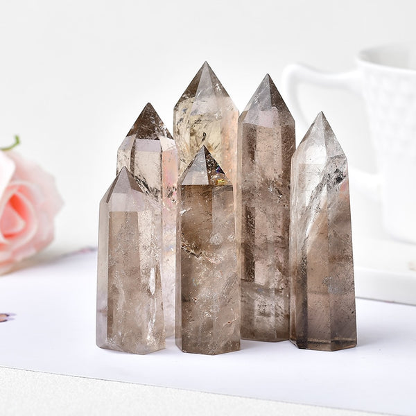 Natural Smoky Quartz Crystal Point Reiki Healing Stone Hexagonal Prisms Obelisk Wand Tower Energy Meditation DIY Gift