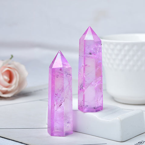 Natural Purple Aura Clear Quartz Crystal Point Electroplating Wand Healing Stone Energy Quartz Home Decoration Reiki Tower Gifts