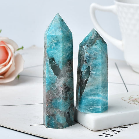 1PC Natural Amazonite and Smoky Quartz Symbiotic Crystal Point Healing Stone Obelisk Wand Ornament for Home Decor Energy Stone