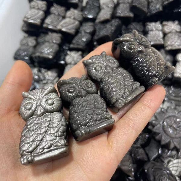 Natural Stone Sheen Silver Obsidian Quartz Ornaments Owl Animal Statue Carving Healing Crystal Mineral Gem Lucky Decoration 1pc