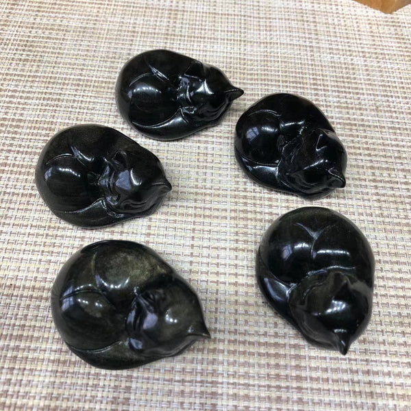 Crystal Semi-precious Stone Crafts Natural Carved Gold Sheen Obsidian Sleep Cats For Sale