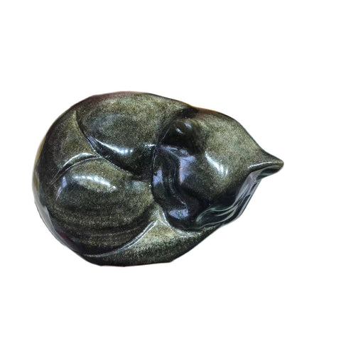 Crystal Semi-precious Stone Crafts Natural Carved Gold Sheen Obsidian Sleep Cats For Sale