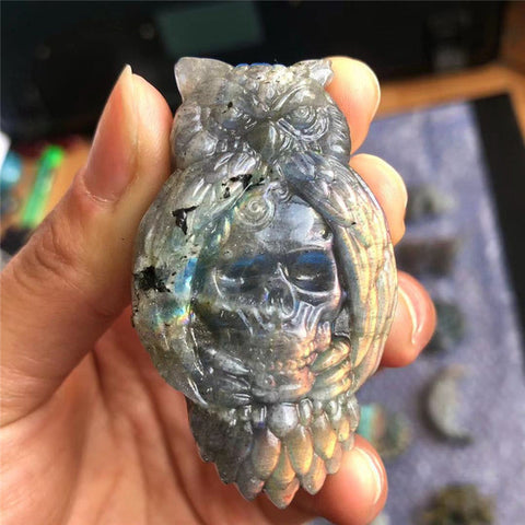crystal carvings owl ghost labradorite