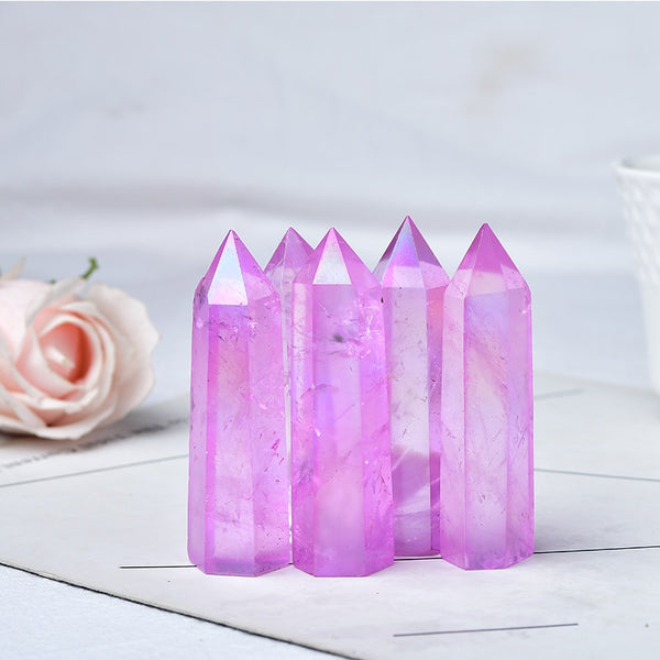 Natural Purple Aura Clear Quartz Crystal Point Electroplating Wand Healing Stone Energy Quartz Home Decoration Reiki Tower Gifts