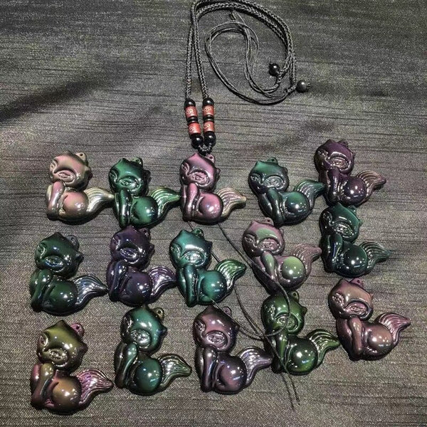 Beautiful Rainbow Obsidian quartz crystal stone animal cute fox healing stone for pendant necklace and lucky1pcs