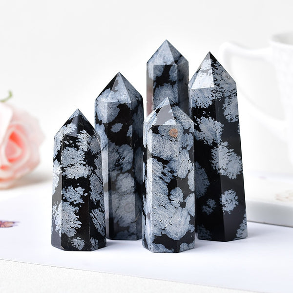 Natural Snowflake Obsidian Quartz Crystal Point Wand Healing Stone Energy Quartz Home Decoration Reiki Polished Stone Tower