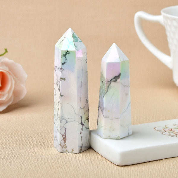 Natural Aura Howlite Crystal Point Electroplating Wand Healing Stone Energy White Quartz Home Decoration Reiki Tower Gifts