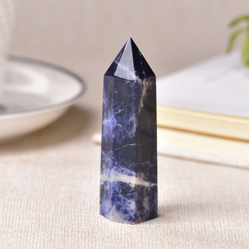 1pc Natural Crystal Point Sodalite stone Healing Obelisk Blue Quartz Wand Ornament for Home Decor Reiki Energy Stone Pyramid