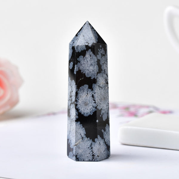 Natural Snowflake Obsidian Quartz Crystal Point Wand Healing Stone Energy Quartz Home Decoration Reiki Polished Stone Tower