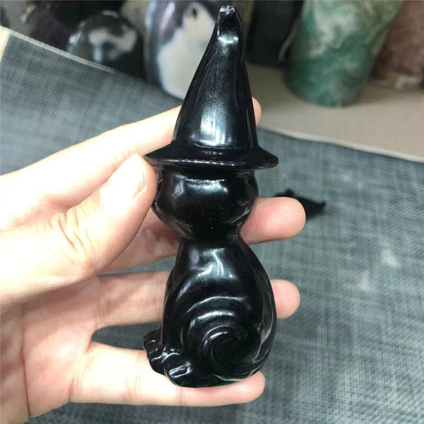 Crafts Crystal Hot Selling Natural Black Obsidian Hand Carved Polishing Witchcraft Cute Crystal Wicca Cat For Decoration