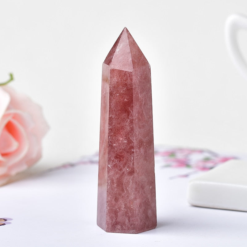 Natural Crystal Point Strawberry Crystal Healing Stone Obelisk Quartz Wand Tower Ornament for Home Decor Energy Stone Pyramid