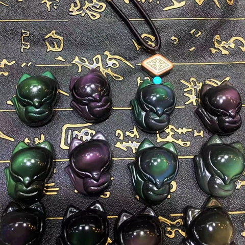 1pcs Natural Stones And Crystals Carving Rainbow Obsidian Fox Figurine Reiki Gifts For Pendant Necklace