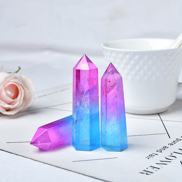 Natural Aura Clear Quartz Purple and Blue Crystal Point Electroplating Wand Healing Stone Energy Quartz Reiki Tower Gifts