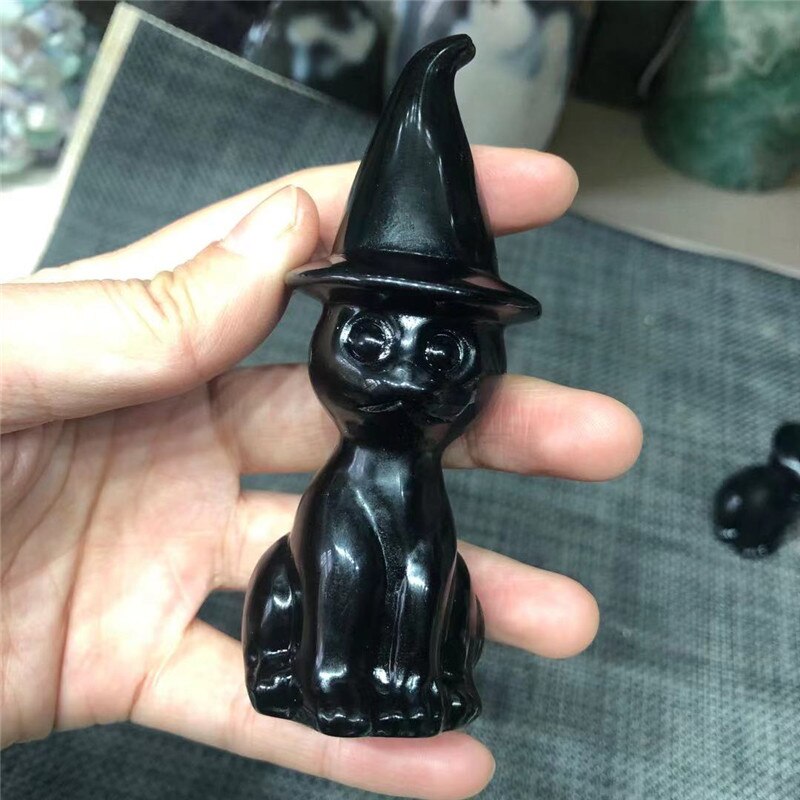 Crafts Crystal Hot Selling Natural Black Obsidian Hand Carved Polishing Witchcraft Cute Crystal Wicca Cat For Decoration