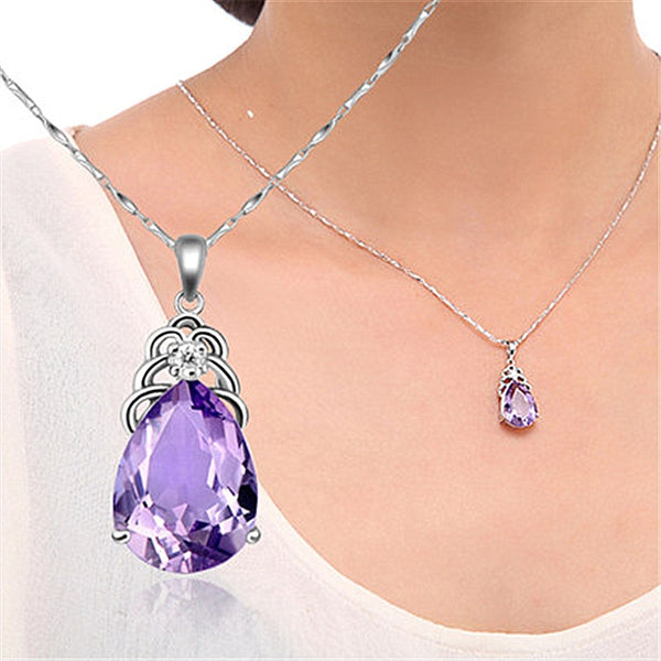 Necklace 925 Silver Jewelry Water Drop Shape Amethyst