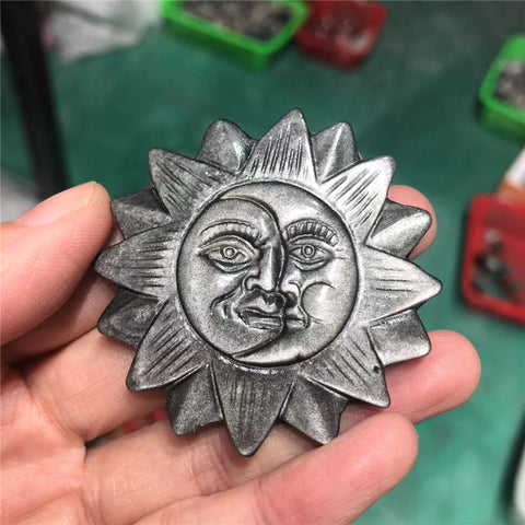Sun Smiling Face Carving Hand Silver Obsidian Natural Palm Stone Healing Crystals Decor Reiki Statue Witchcraft Supplies Jewelry