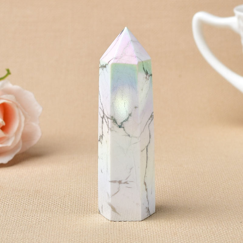 Natural Aura Howlite Crystal Point Electroplating Wand Healing Stone Energy White Quartz Home Decoration Reiki Tower Gifts
