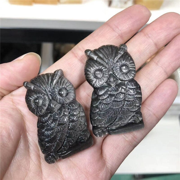 Natural Sheen Silver Obsidian Quartz Carved Owl Animal Crystal Crafts Healing Reiki Gemstones Handmade Home Decoration
