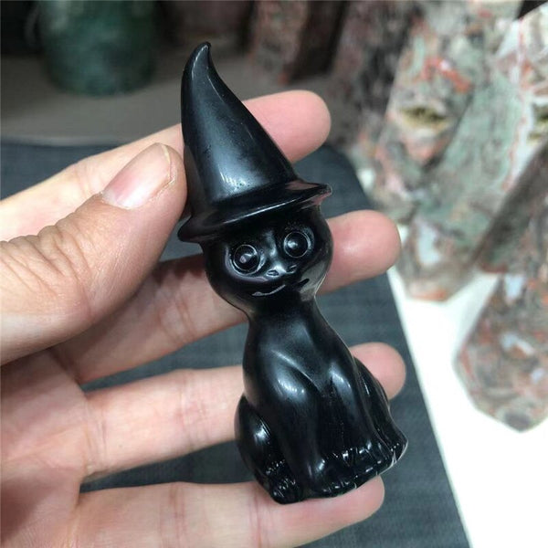 Crafts Crystal Hot Selling Natural Black Obsidian Hand Carved Polishing Witchcraft Cute Crystal Wicca Cat For Decoration