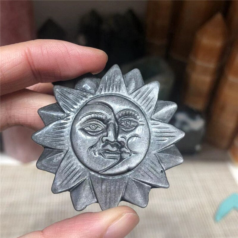 Sun Smiling Face Carving Hand Silver Obsidian Natural Palm Stone Healing Crystals Decor Reiki Statue Witchcraft Supplies Jewelry