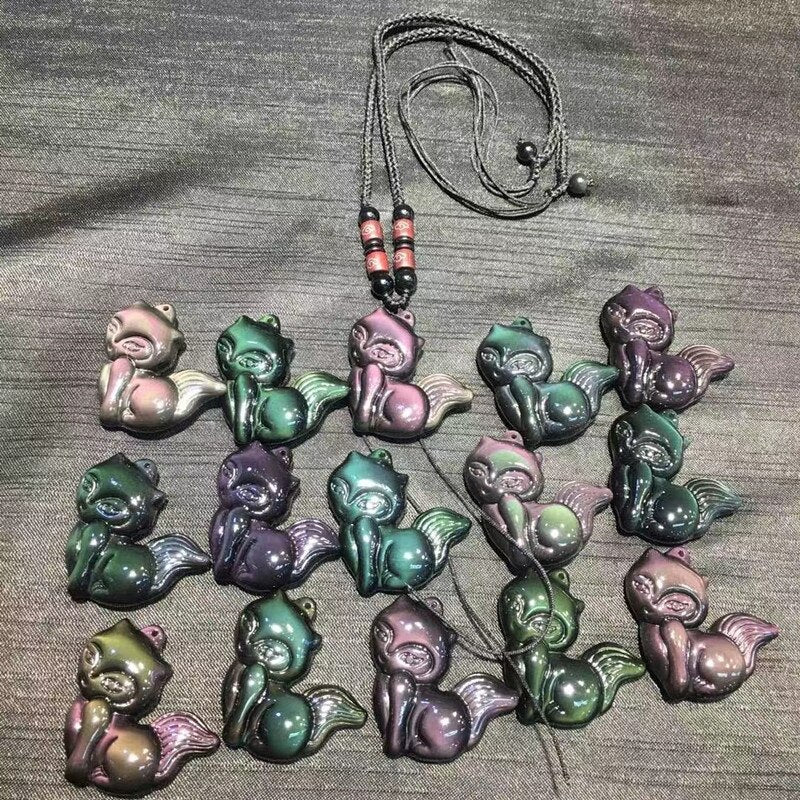 Beautiful Rainbow Obsidian quartz crystal stone animal cute fox healing stone for pendant necklace and lucky1pcs