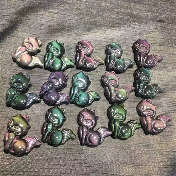 Beautiful Rainbow Obsidian quartz crystal stone animal cute fox healing stone for pendant necklace and lucky1pcs
