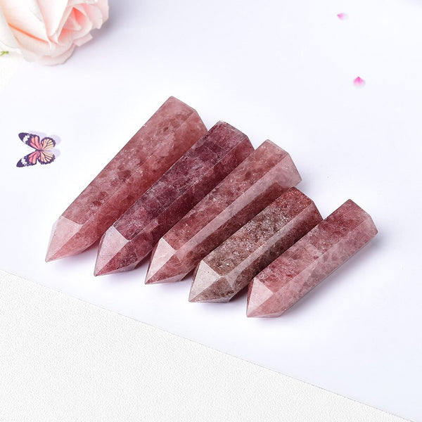 Natural Crystal Point Strawberry Crystal Healing Stone Obelisk Quartz Wand Tower Ornament for Home Decor Energy Stone Pyramid