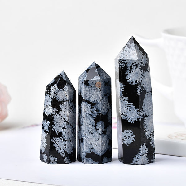 Natural Snowflake Obsidian Quartz Crystal Point Wand Healing Stone Energy Quartz Home Decoration Reiki Polished Stone Tower