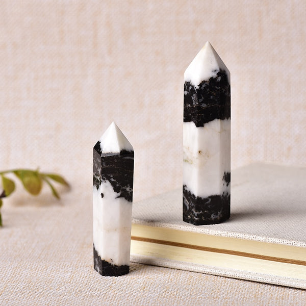 1pc Natural Stone Crystal Point Healing Obelisk Black and White Zebra Quartz Wand Beautiful Ornament for Home Decor Pyramid