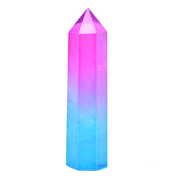 Natural Aura Clear Quartz Purple and Blue Crystal Point Electroplating Wand Healing Stone Energy Quartz Reiki Tower Gifts