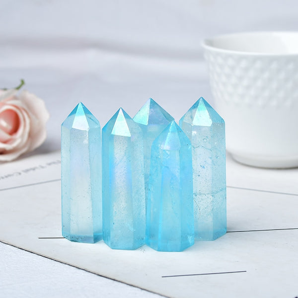 Natural Blue Aura Clear Quartz Crystal Point Electroplating Wand Healing Stone Energy Quartz Home Decoration Reiki Tower Gifts