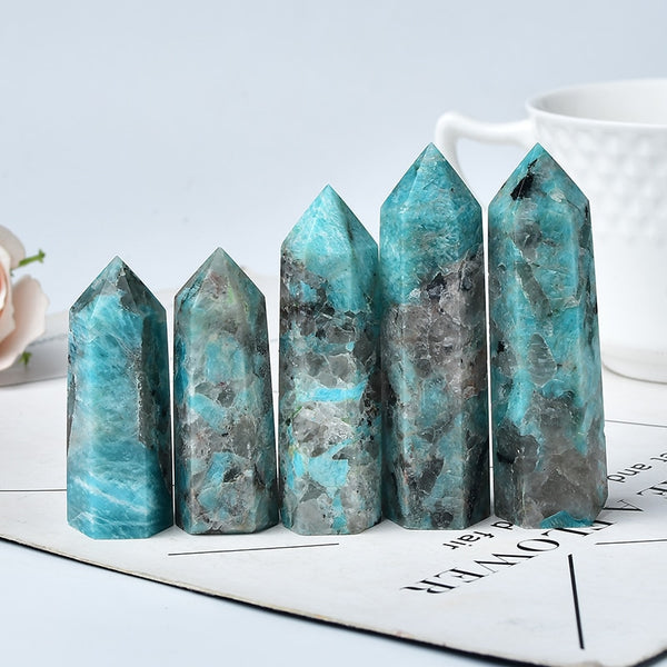 1PC Natural Amazonite and Smoky Quartz Symbiotic Crystal Point Healing Stone Obelisk Wand Ornament for Home Decor Energy Stone