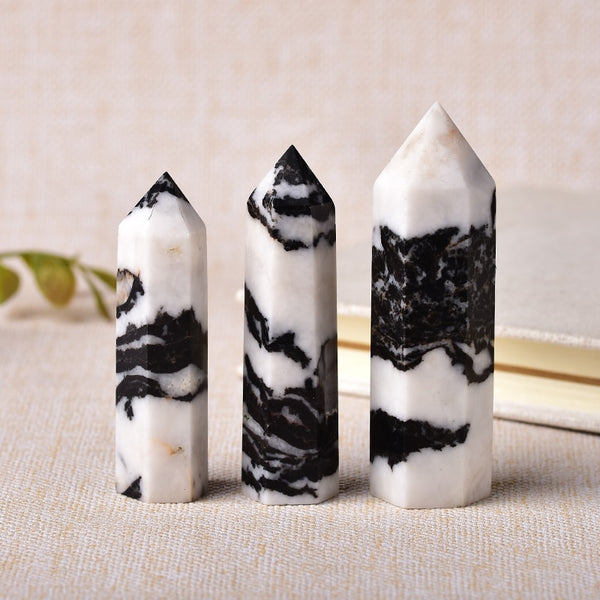 1pc Natural Stone Crystal Point Healing Obelisk Black and White Zebra Quartz Wand Beautiful Ornament for Home Decor Pyramid