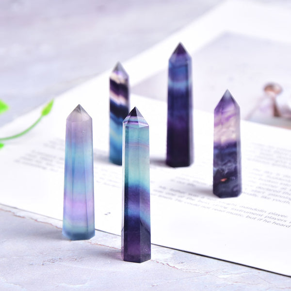Natural Crystal Colored fluorite Point Healing Stone Hexagonal Prisms 40-80mm Obelisk Wand Treatment Stone DIY Gift 1PC
