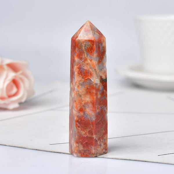 Natural Crystal Red Unakite Tower Quartz Point Healing Stone Hexagonal Prisms Obelisk Wand Treatment Stone DIY Gift 1PC
