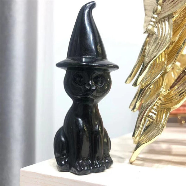 Crafts Crystal Hot Selling Natural Black Obsidian Hand Carved Polishing Witchcraft Cute Crystal Wicca Cat For Decoration