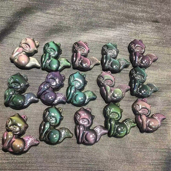 Beautiful Rainbow Obsidian quartz crystal stone animal cute fox healing stone for pendant necklace and lucky1pcs