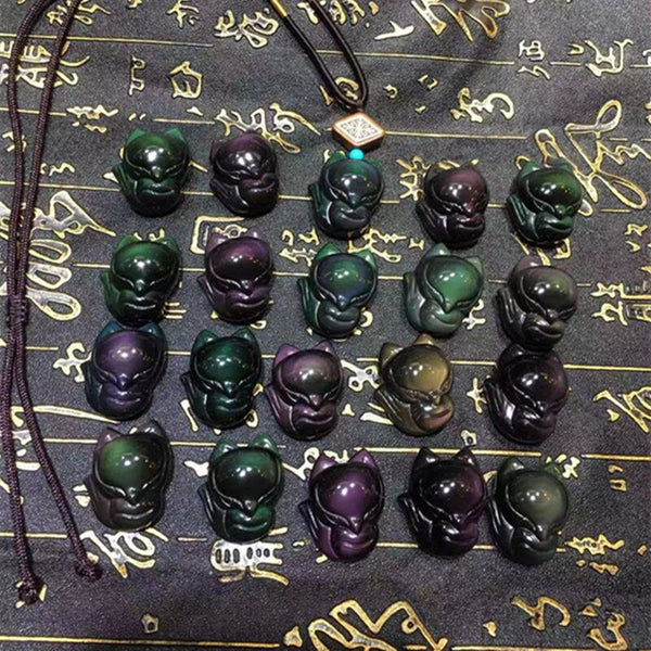 1pcs Natural Stones And Crystals Carving Rainbow Obsidian Fox Figurine Reiki Gifts For Pendant Necklace