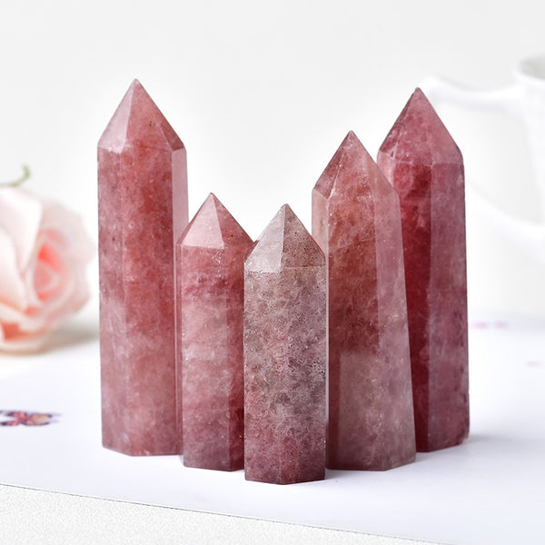 Natural Crystal Point Strawberry Crystal Healing Stone Obelisk Quartz Wand Tower Ornament for Home Decor Energy Stone Pyramid