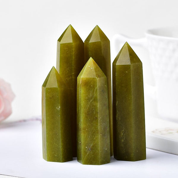 1PC Natural Crystal Point Olivine Healing Obelisk Green Quartz Wand Beautiful Ornament for Home Decor Energy Stone Pyramid