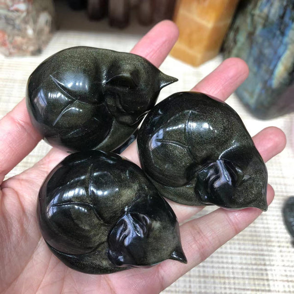 Crystal Semi-precious Stone Crafts Natural Carved Gold Sheen Obsidian Sleep Cats For Sale