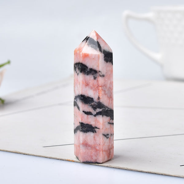 Natural Crystal Pink Zebra Quartz Crystal Point Healing Stone Hexagonal Prisms 50-80mm Obelisk Wand Stone Home Decor 1PC