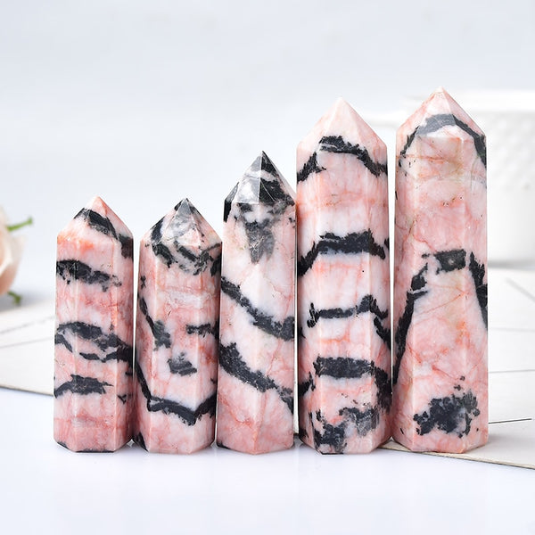 Natural Crystal Pink Zebra Quartz Crystal Point Healing Stone Hexagonal Prisms 50-80mm Obelisk Wand Stone Home Decor 1PC