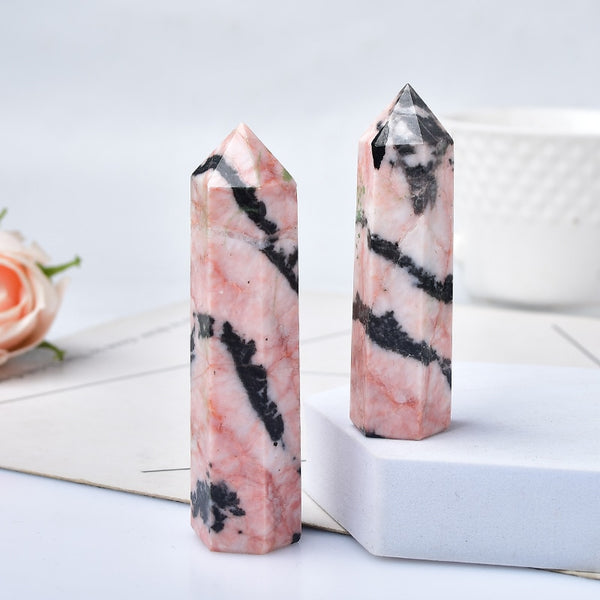 Natural Crystal Pink Zebra Quartz Crystal Point Healing Stone Hexagonal Prisms 50-80mm Obelisk Wand Stone Home Decor 1PC