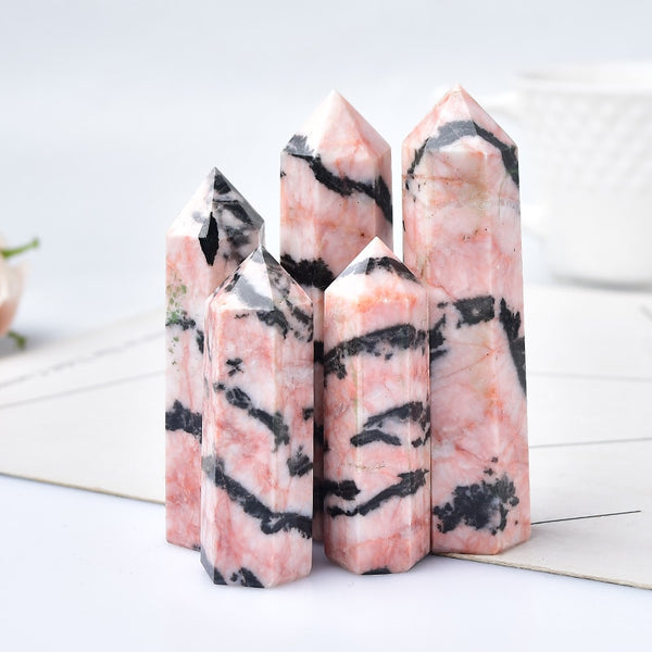 Natural Crystal Pink Zebra Quartz Crystal Point Healing Stone Hexagonal Prisms 50-80mm Obelisk Wand Stone Home Decor 1PC